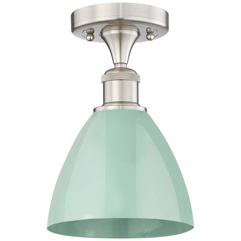 Image 1 Plymouth Dome 7.5" Wide Satin Nickel Semi.Flush Mount With Seafoam Sha
