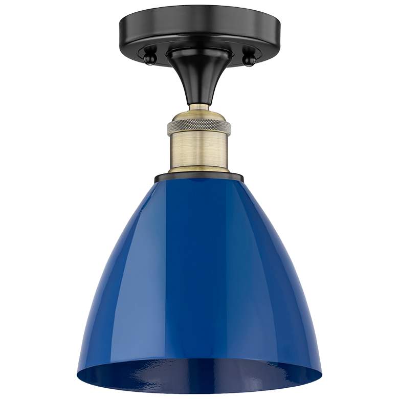 Image 1 Plymouth Dome 7.5"W Black Antique Brass Semi.Flush Mount With Blue Sha