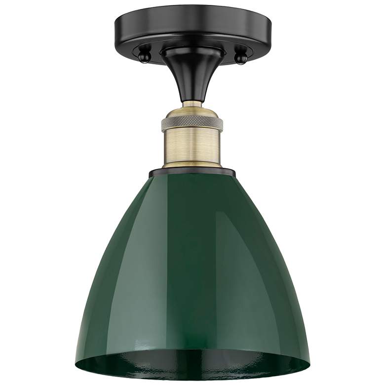 Image 1 Plymouth Dome 7.5"W Black Antique Brass Semi.Flush Mount With Green Sh