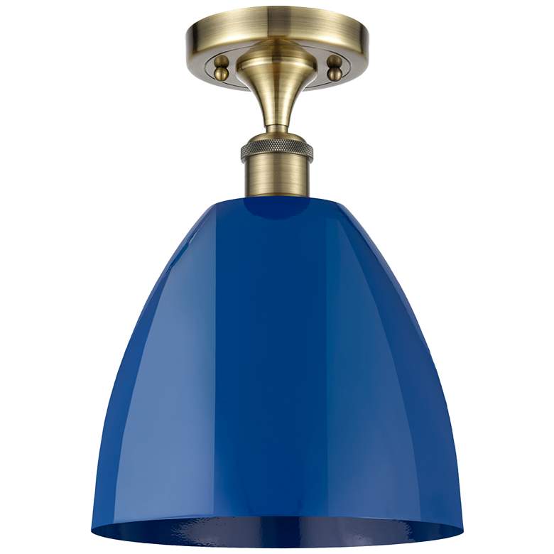 Image 1 Plymouth Dome 9" Wide Antique Brass Semi Flush Mount w/ Blue Shade