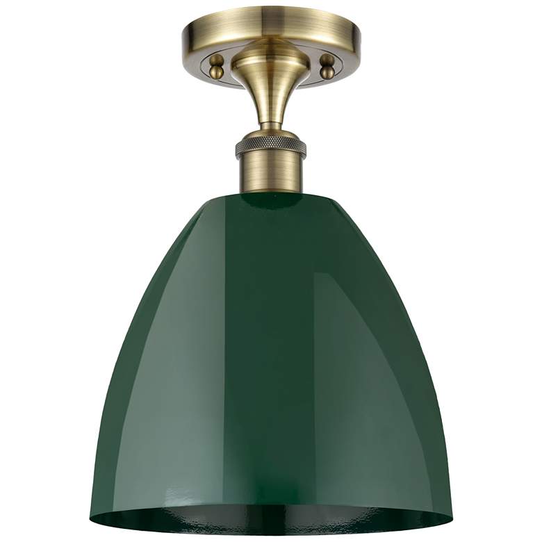 Image 1 Plymouth Dome 9" Wide Antique Brass Semi Flush Mount w/ Green Shade