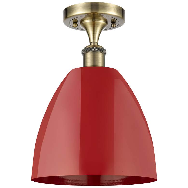 Image 1 Plymouth Dome 9" Wide Antique Brass Semi Flush Mount w/ Red Shade