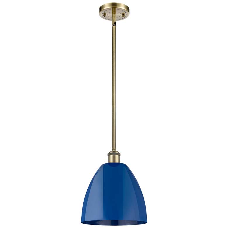 Image 1 Plymouth Dome 9" Wide Antique Brass Stem Hung Pendant w/ Blue Shade