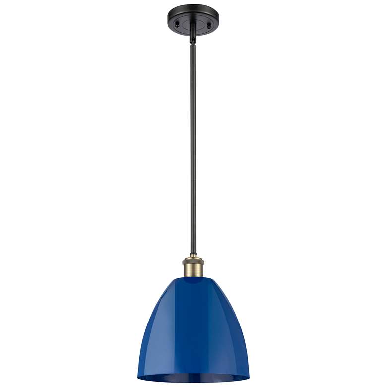 Image 1 Plymouth Dome 9" Wide Black Brass Stem Hung Pendant w/ Blue Shade