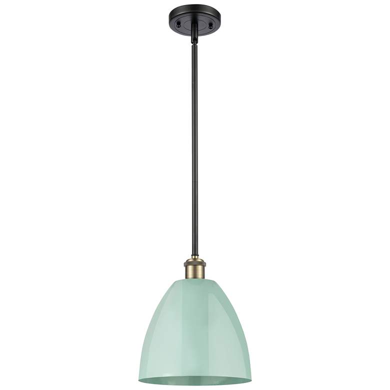 Image 1 Plymouth Dome 9" Wide Black Brass Stem Hung Pendant w/ Seafoam Shade