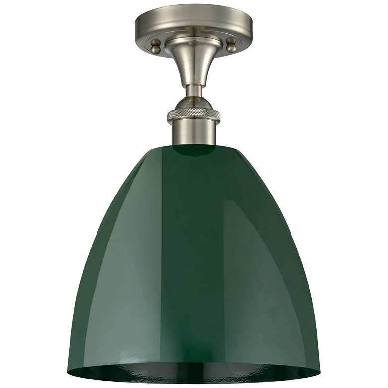 Image 1 Plymouth Dome 9" Wide Brushed Satin Nickel Semi Flush Mount w/ Green S