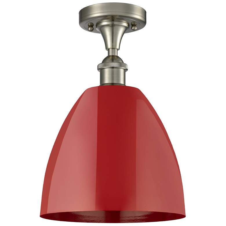 Image 1 Plymouth Dome 9" Wide Brushed Satin Nickel Semi Flush Mount w/ Red Sha