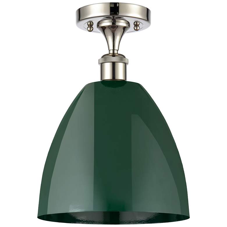 Image 1 Plymouth Dome 9" Wide Polished Nickel Semi Flush Mount w/ Green Shade