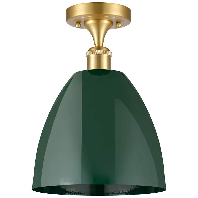 Image 1 Plymouth Dome 9 inch Wide Satin Gold Semi Flush Mount w/ Green Shade