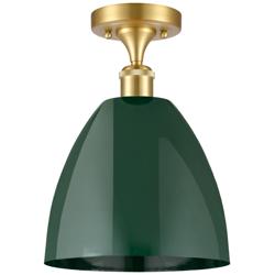 Plymouth Dome 9" Wide Satin Gold Semi Flush Mount w/ Green Shade
