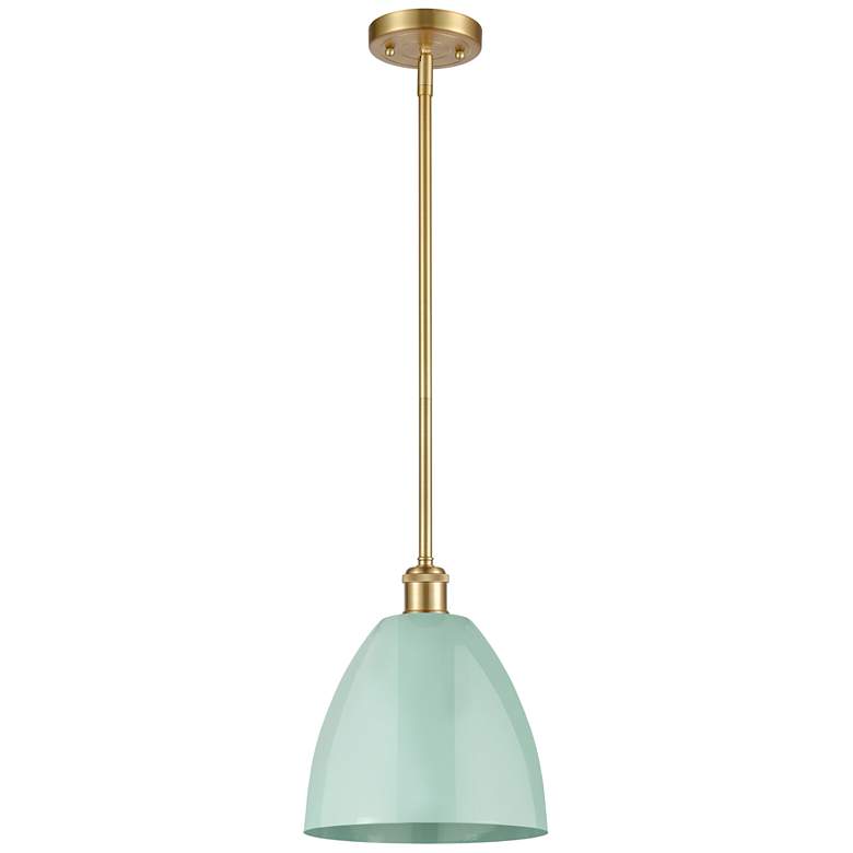 Image 1 Plymouth Dome 9" Wide Satin Gold Stem Hung Pendant w/ Seafoam Shade