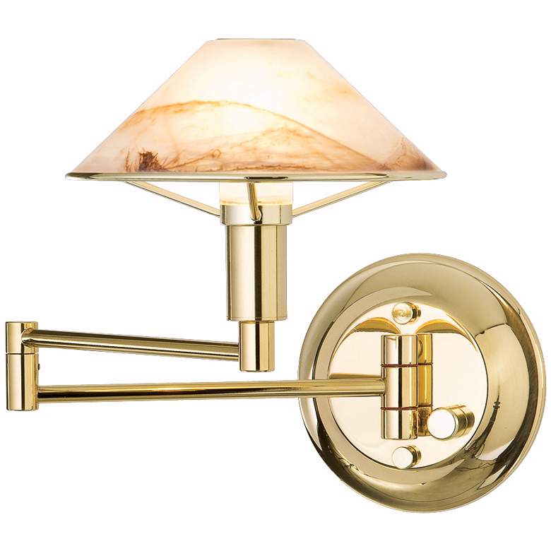 Image 1 Polished Brass Alabaster Brown Glass Swing Arm Wall Lamp