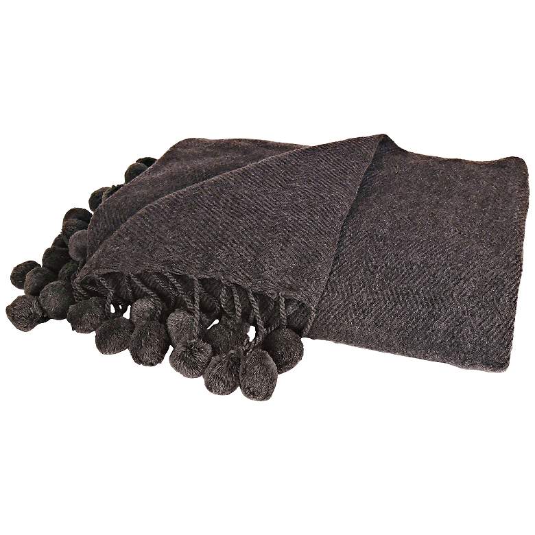 Image 1 Pom Pom Dark Gray Woven Wool Accent Throw Blanket