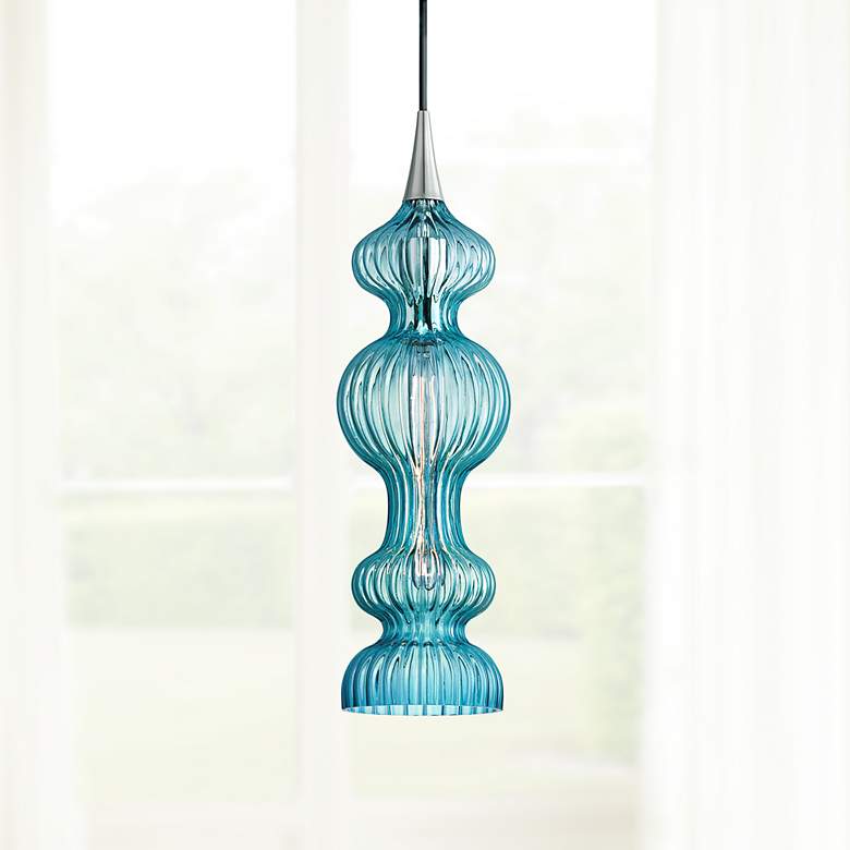Image 1 Pomfret 6" Wide Polished Nickel with Blue Glass Mini Pendant