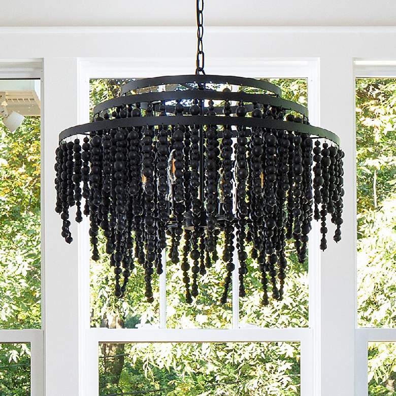 Image 1 Poppy 26 1/2"W Matte Black Wood Beaded 6-Light Chandelier