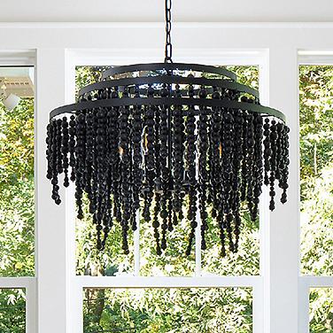 Poppy 26 1/2"W Matte Black Wood Beaded 6-Light Chandelier
