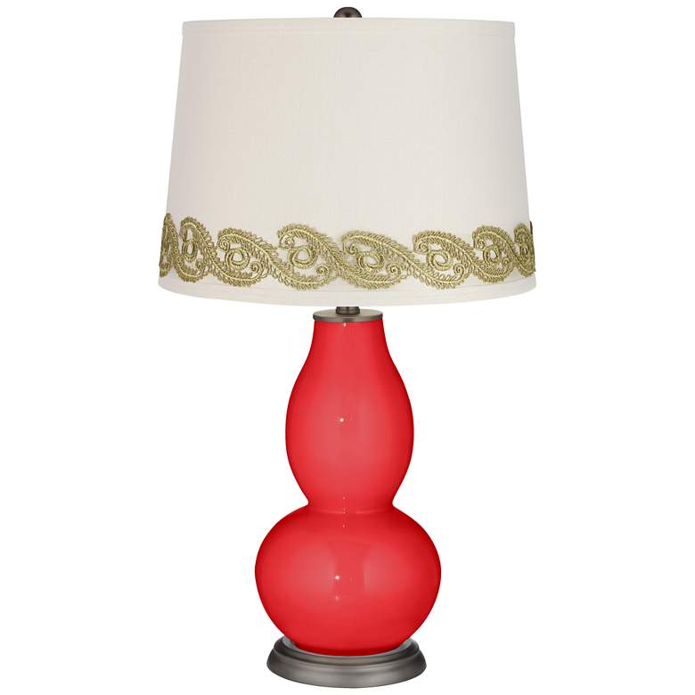 Image 1 Poppy Red Double Gourd Table Lamp with Vine Lace Trim