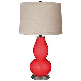 Image1 of Poppy Red Linen Drum Shade Double Gourd Table Lamp