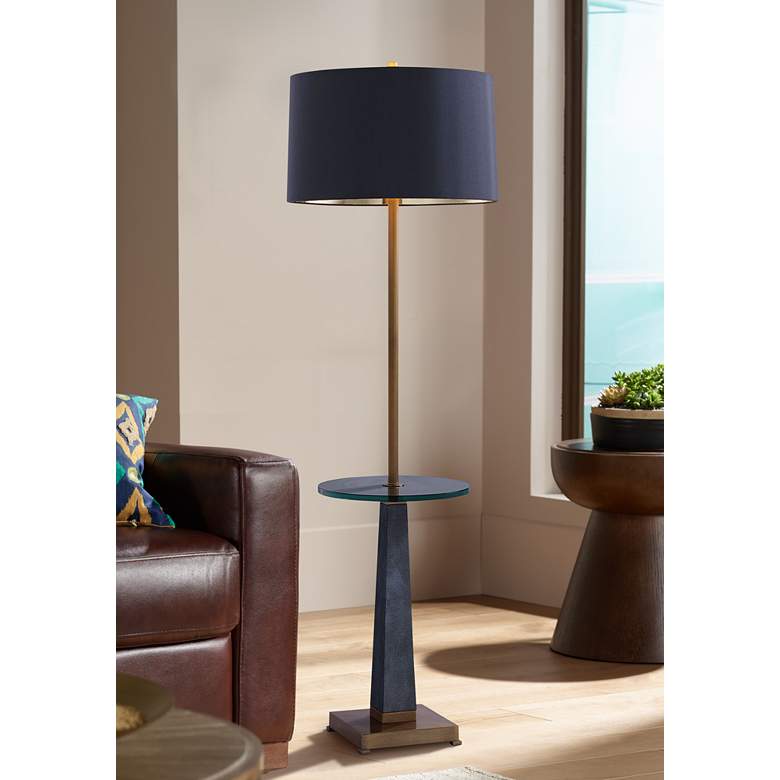 Image 1 Port 68 Cairo 560" Gray and Aged Brass Tray Table Floor Lamp
