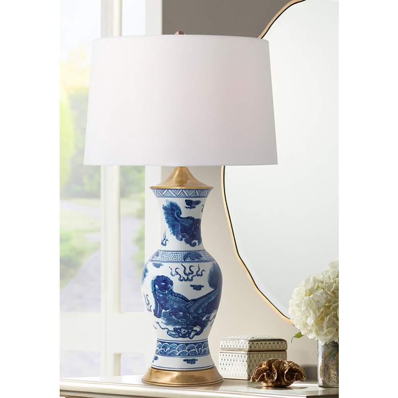 Port 68 Chow Blue White Porcelain Foo Dogs Vase Table Lamp