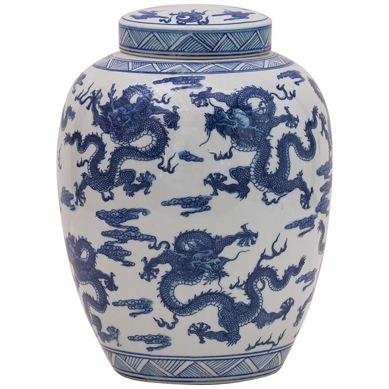 Image 1 Port 68 Dragon Navy and White 14 inch High Jar with Lift-Off Lid