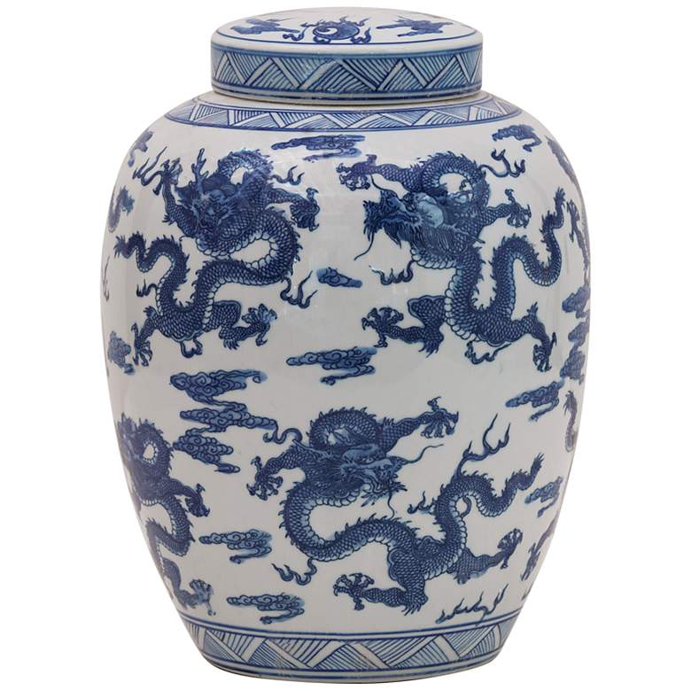 Image 1 Port 68 Dragon Navy and White 14" High Jar with Lift-Off Lid