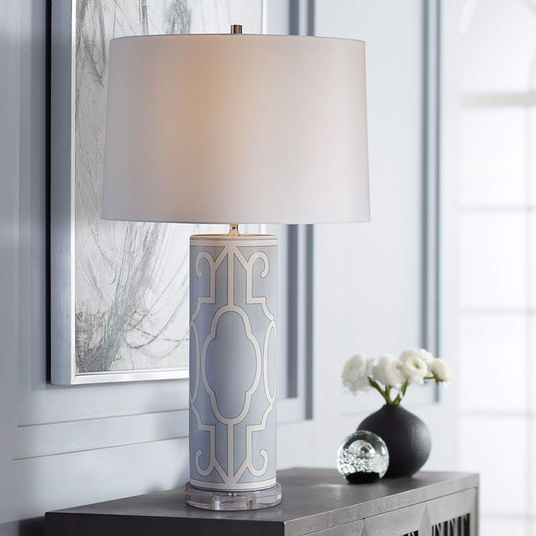 Image 1 Port 68 Ming Fretwork Blue and White Cylinder Table Lamp
