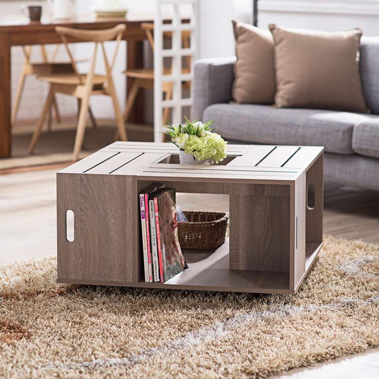 Image 3 Portins 31 1/2" Square Weathered White Wood Coffee Table more views