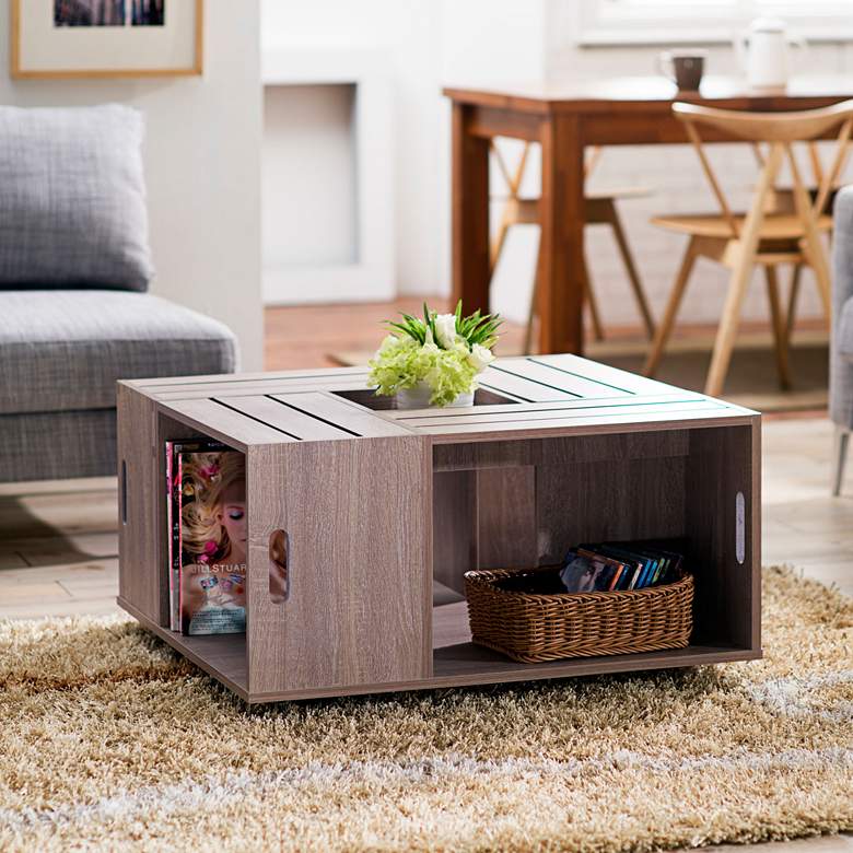 Image 5 Portins 31 1/2" Square Weathered White Wood Coffee Table more views