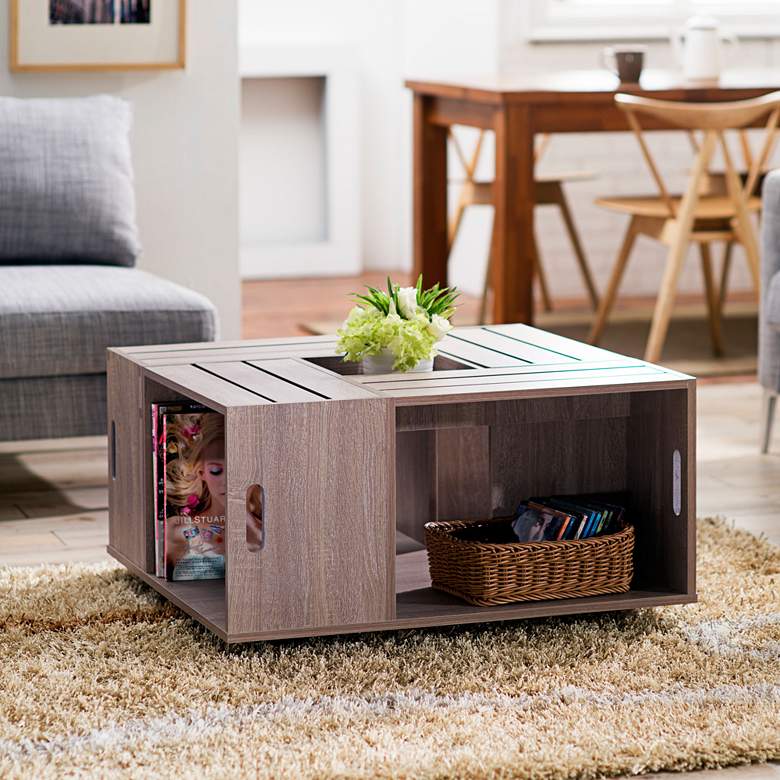 Image 5 Portins 31 1/2 inch Square Weathered White Wood Coffee Table more views