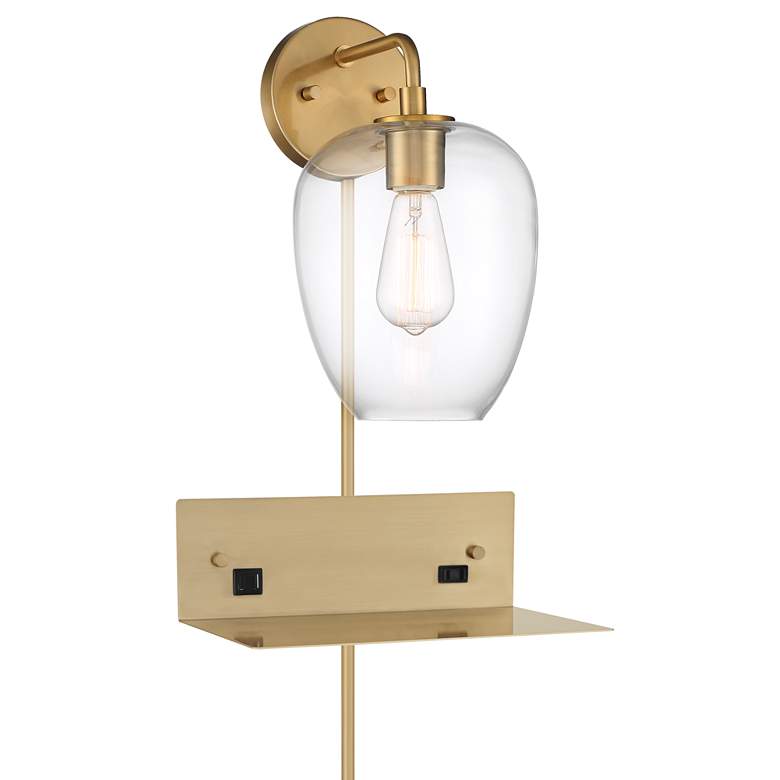 Image 1 Posey Gold and Glass Plug-In Wall Light with USB-Outlet Wall Shelf