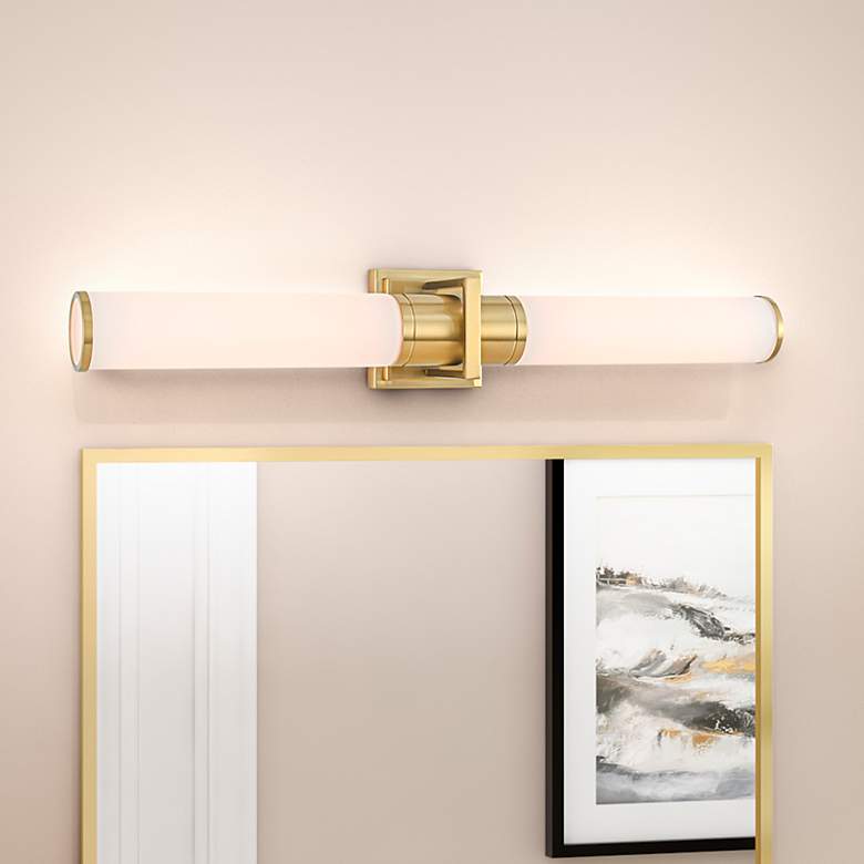 Image 1 Positano 29" Wide 2-Light Satin Brass Bathroom Vanity w/ White Glass S