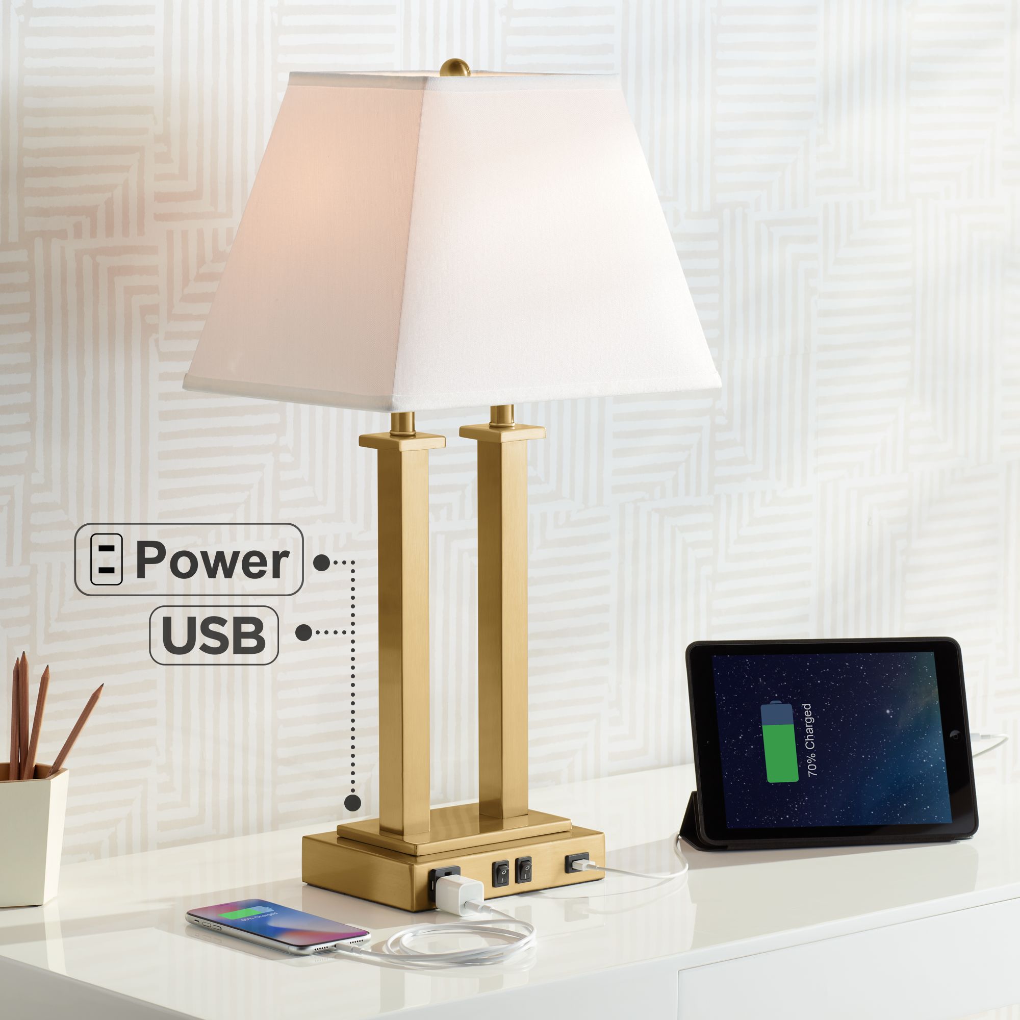 Possini Amity Warm Brass 26" High Desk Lamp with USB Port and Outlet