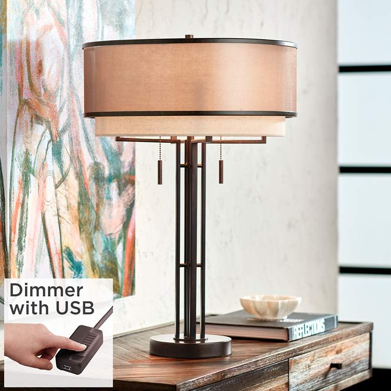 Image 1 Possini Andes Bronze Double Shade Table Lamp with USB Cord Dimmer