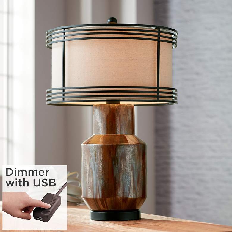 Image 1 Possini Arthur Double Shade Rustic Copper Ceramic Lamp with USB Dimmer Cord