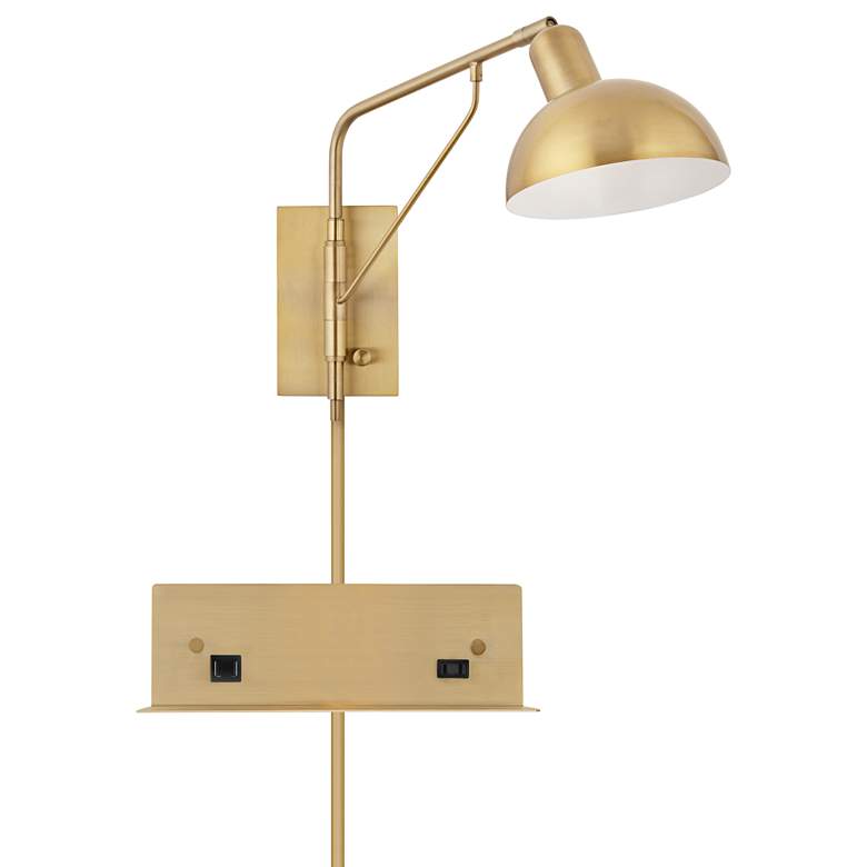 Possini Bellini Gold Swing Arm Plug-In Wall Lamp with USB-Outlet Wall Shelf