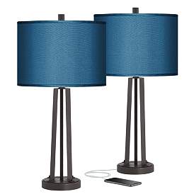 Image1 of Possini Blue Faux Silk and Dark Bronze USB Table Lamps Set of 2