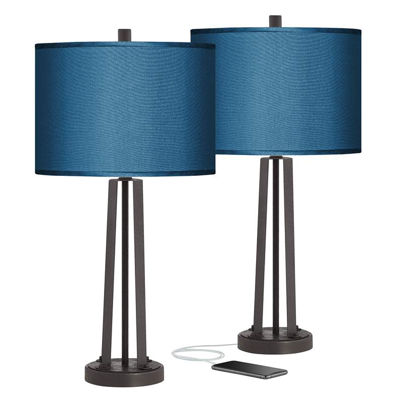 Image 1 Possini Blue Faux Silk and Dark Bronze USB Table Lamps Set of 2