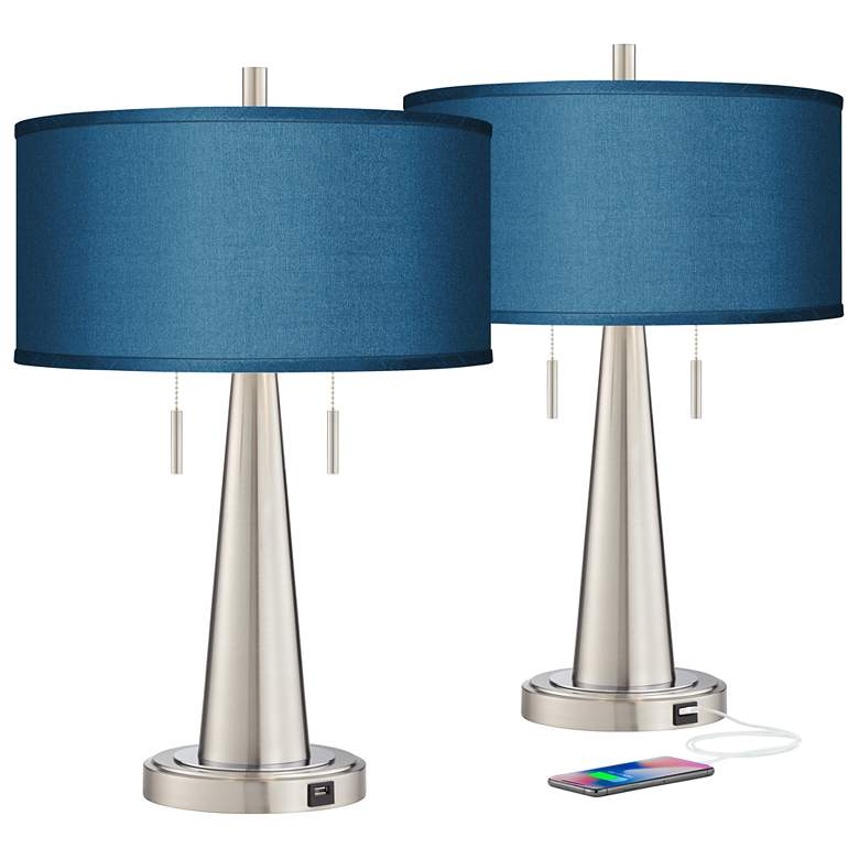 Image 2 Possini Blue Vicki 23" Blue Faux Silk and Nickel USB Lamps Set of 2
