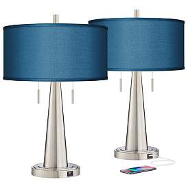 Image2 of Possini Blue Vicki 23" Blue Faux Silk and Nickel USB Lamps Set of 2
