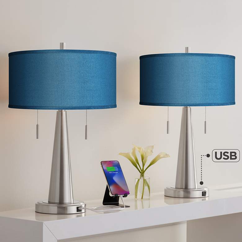Image 1 Possini Blue Vicki 23" Blue Faux Silk and Nickel USB Lamps Set of 2