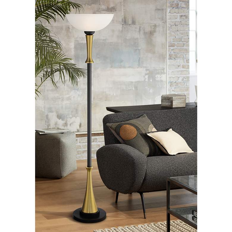 Image 1 Possini Burbank 70 inch Black and Brass Torchiere Floor Lamp with Dimmer
