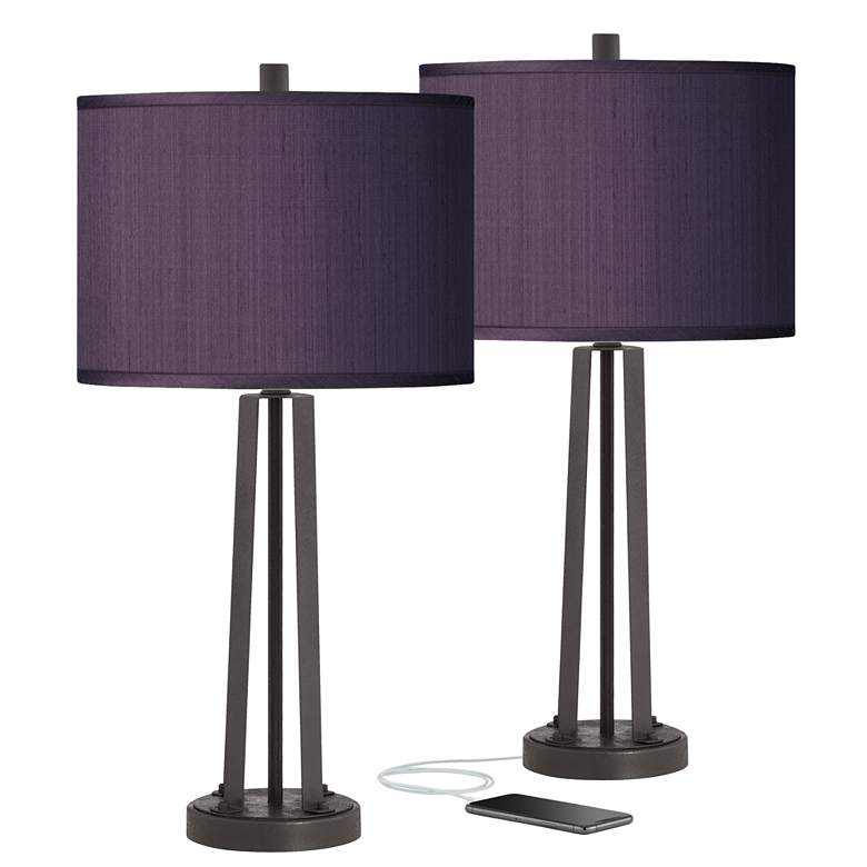 Image 1 Possini Eggplant Purple Faux Silk and Dark Bronze USB Table Lamps Set of 2