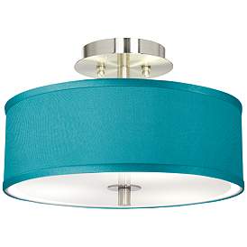 Image1 of Possini Euro 14" Wide Teal Blue Faux Silk Brushed Nickel Ceiling Light
