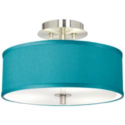 Possini Euro 14&quot; Wide Teal Blue Faux Silk Brushed Nickel Ceiling Light