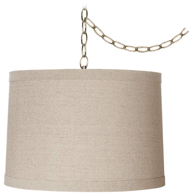 Image 2 Possini Euro 16" Wide Brass and Linen Drum Plug-In Swag Chandelier