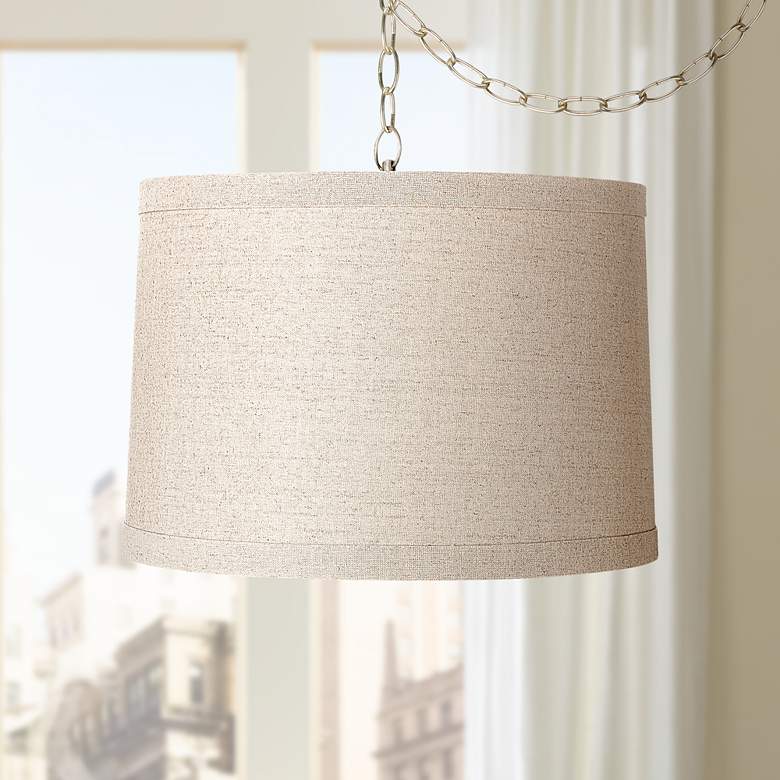 Image 1 Possini Euro 16" Wide Brass and Linen Drum Plug-In Swag Chandelier
