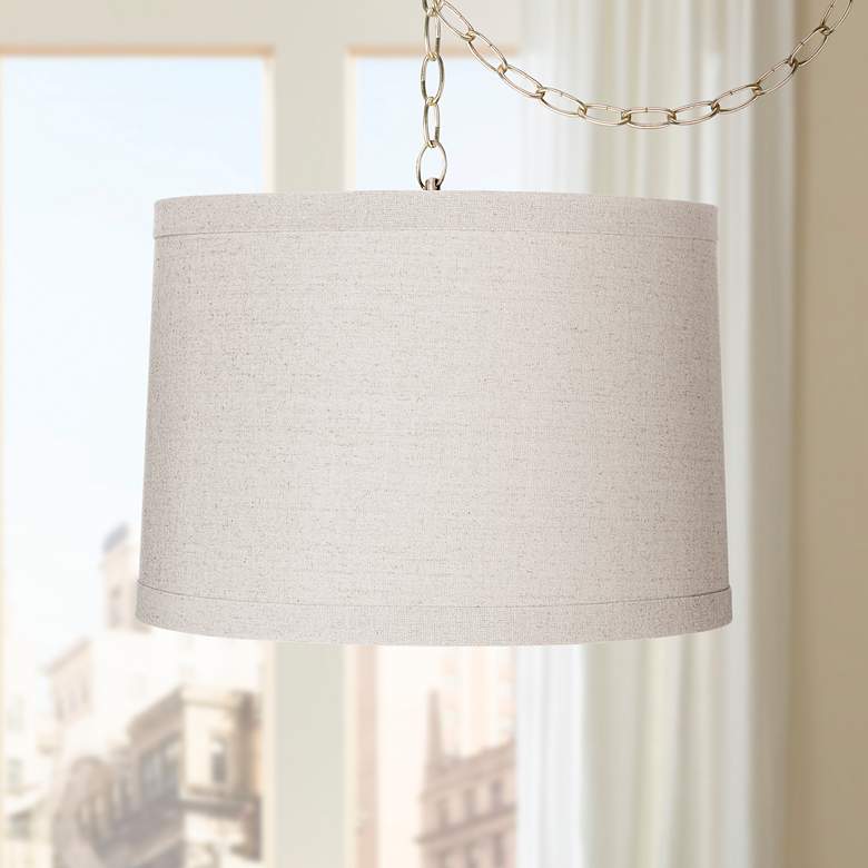 Image 1 Possini Euro 16 inch Wide Brass and Linen Drum Plug-In Swag Chandelier