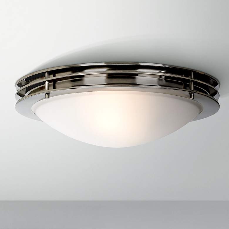 Image 1 Possini Euro 16 inch Wide Brushed Nickel White Glass Bowl Ceiling Light