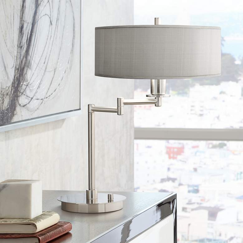 Image 1 Possini Euro 20 1/2" Gray Faux Silk Modern LED Swing Arm Desk Lamp